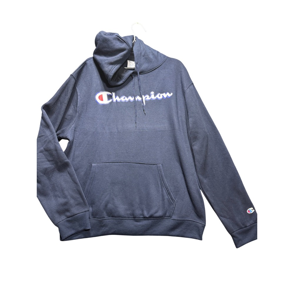 Champion Hoodie Mens XL Navy Blue Script Logo Fleece Pullover HM590